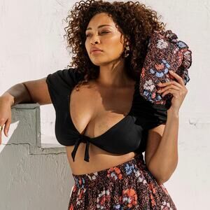 NEW Cleobella Maude Bikini Top Tie Front Puff Sleeve size Large